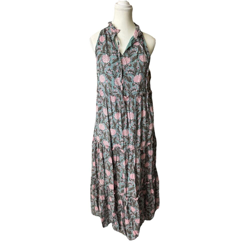 Floral Tiered Midi Dress in Gray with Pink Blossoms